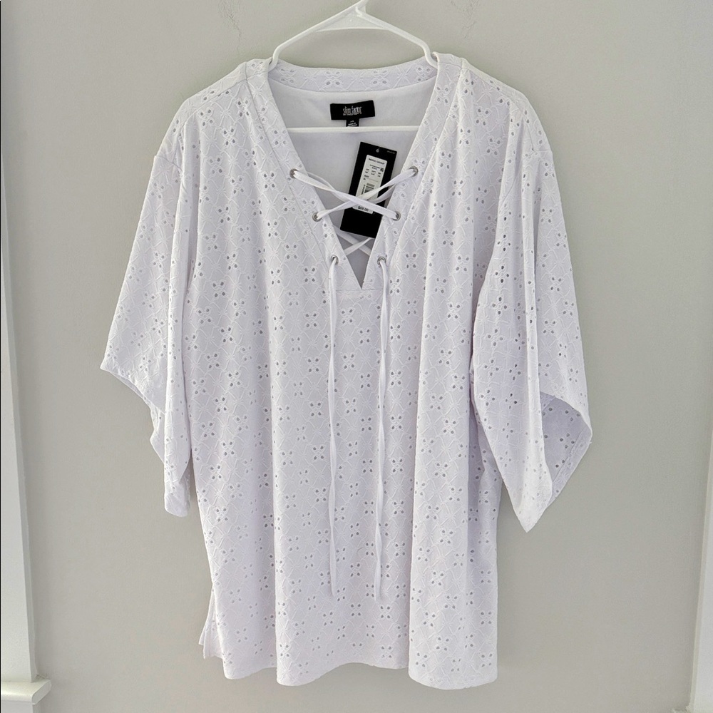 Slim Factor White Eyelet Lace-Up Blouse Size XL
